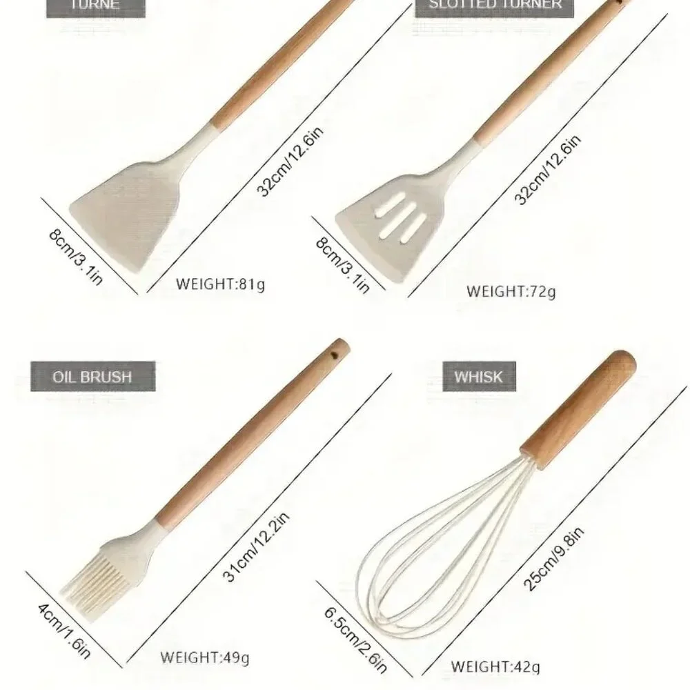 12pcs Non-Stick Silicone Kitchenware Utensil Set with Ergonomic Wooden Handle